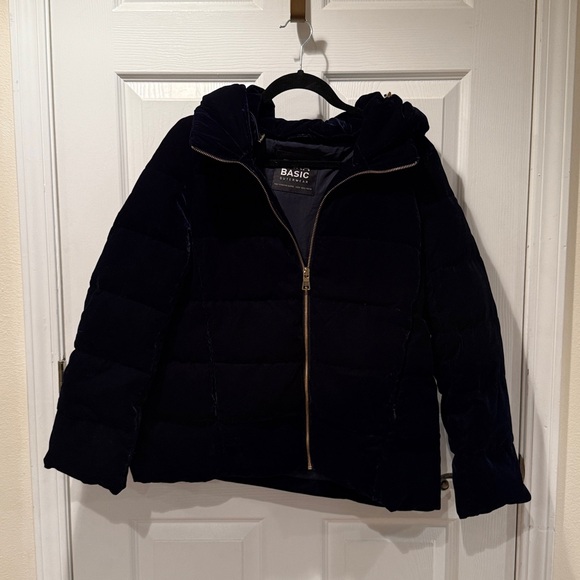 ZARA Navy Blue Velvet Puffer Coat - Picture 1 of 3